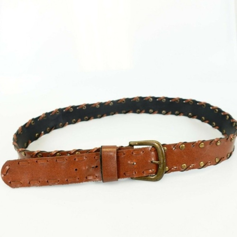 Y2K‎ Boho Leather Belt Womens M Brown Studded Whipstitch Brass Buckle Classic